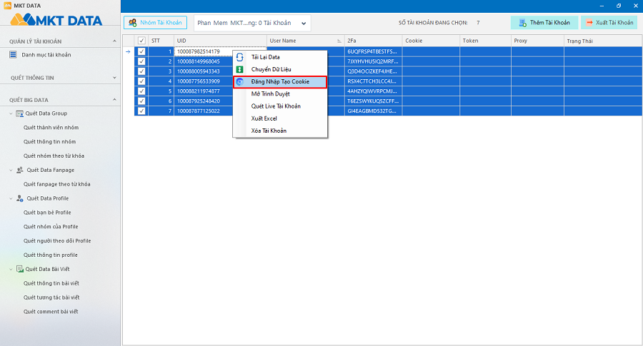 nhập tài khoản vào mkt data