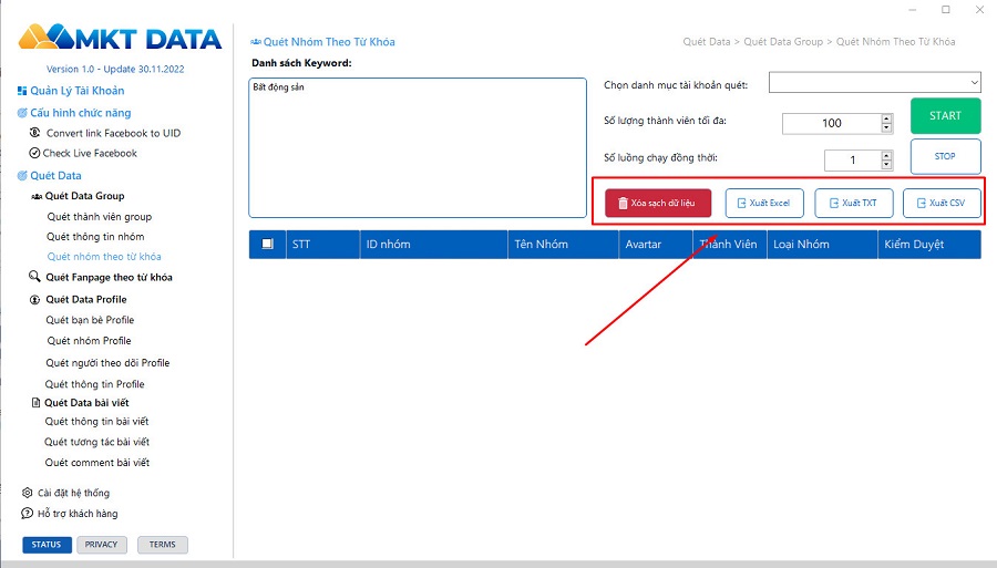 Hướng dẫn quét nhóm theo từ khóa MKT Data