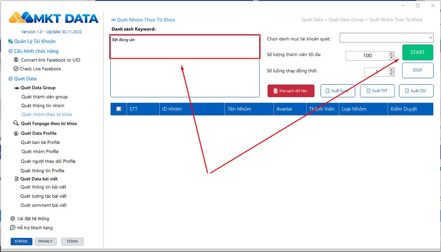 Hướng dẫn quét nhóm theo từ khóa MKT Data