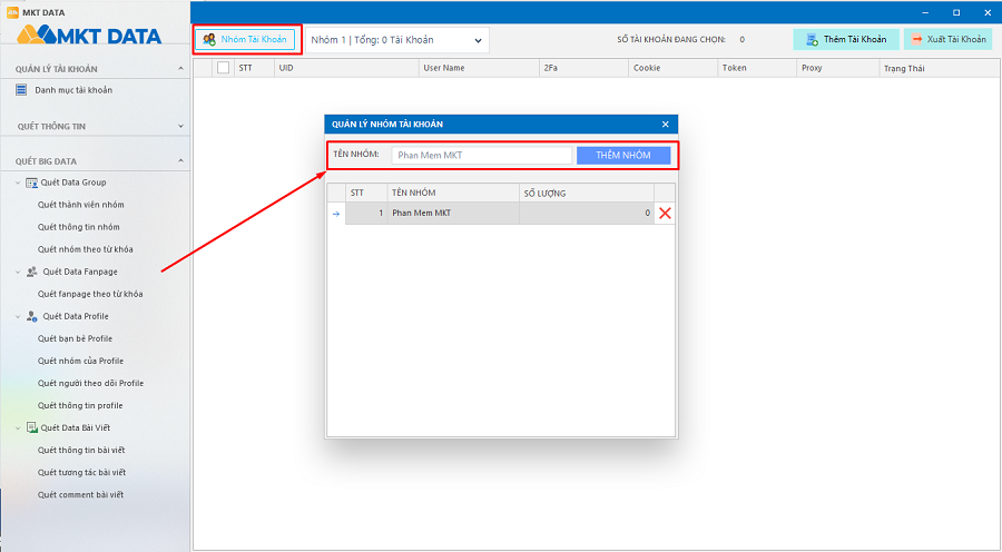 nhập tài khoản vào mkt data