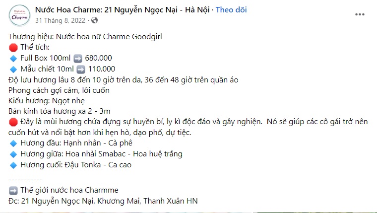Mẫu content bán nước hoa Charme 4