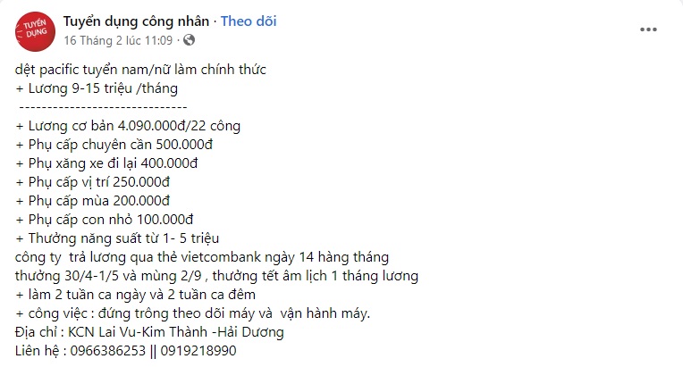 Mẫu content tuyển dụng công nhân 1