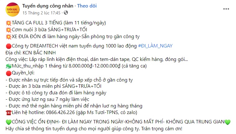 Mẫu content tuyển dụng công nhân 3