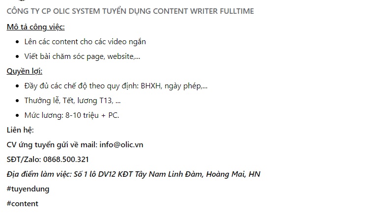 Mẫu content tuyển dụng content