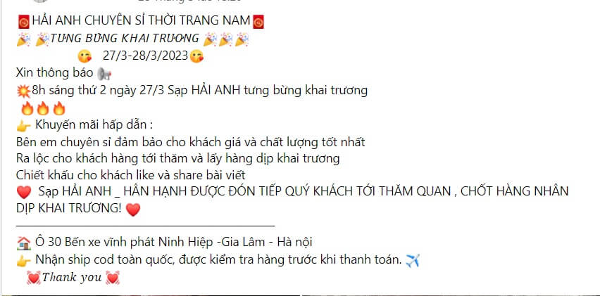Bài viết khai trương Shop quần áo