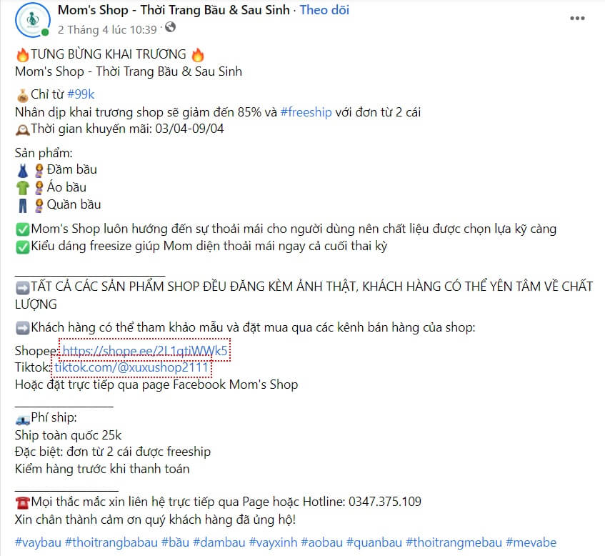 Bài viết khai trương cửa hàng trên Facebook 