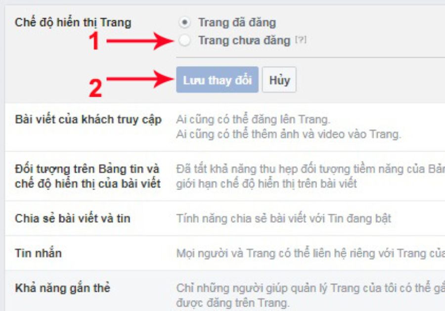 chọn "Trang chưa đăng" và nhấn "Lưu thay đổi".