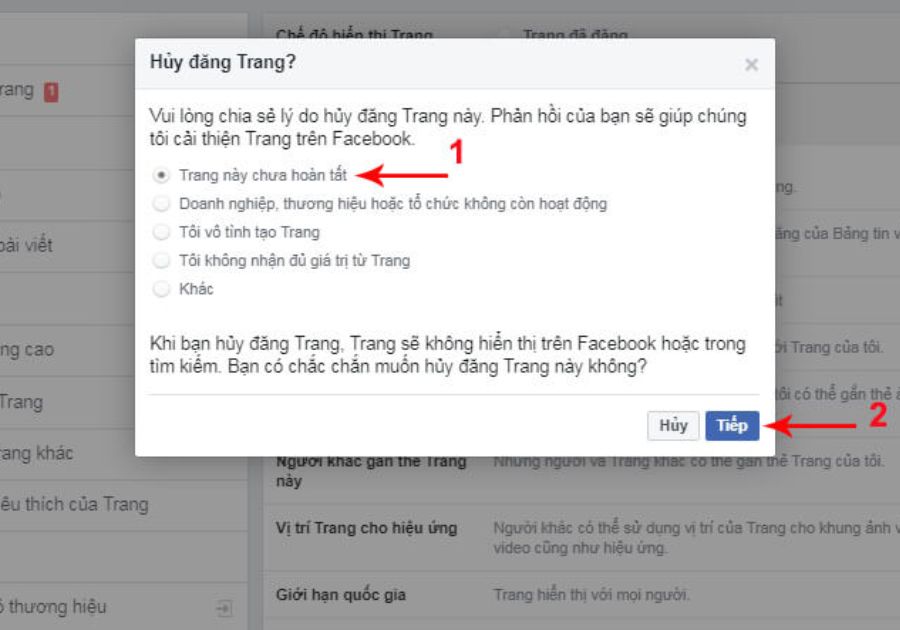 Chọn "Trang này chưa hoàn tất"