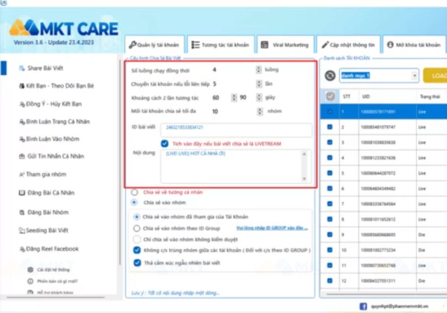 Cấu hình cài đặt tính năng share livestream tự động
