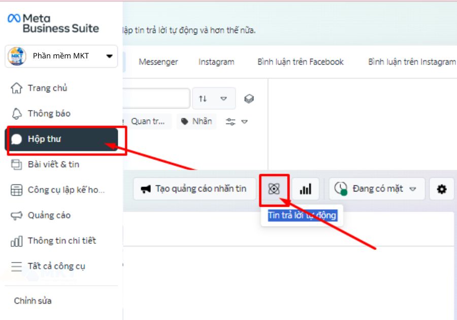 Hộp thư => Chọn trả lời tin nhắn tự động