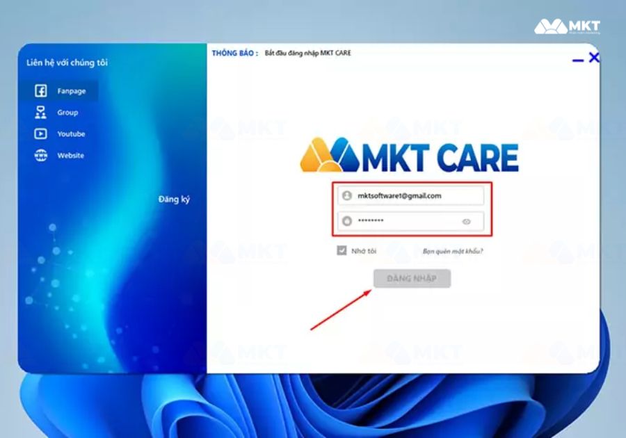 Đăng nhập vào phần mềm MKT Care
