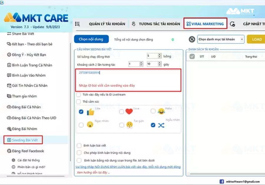 Chọn chức năng seeding bài viết
