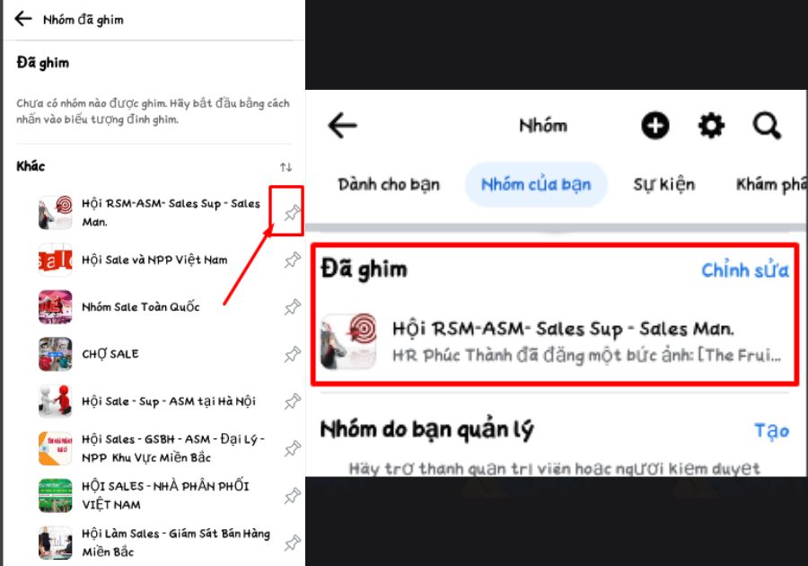 Chọn biểu tượng ghim tại nhóm bạn muốn