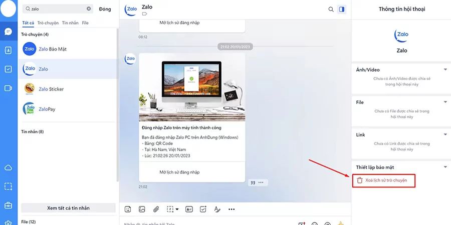 Làm sao xóa lịch sử đăng nhập Zalo trên PC