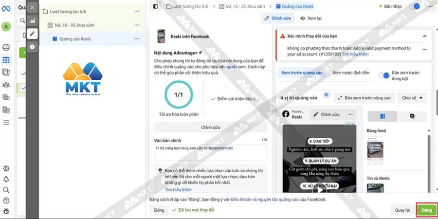 Bấm Đăng để Facebook xét duyệt quảng cáo