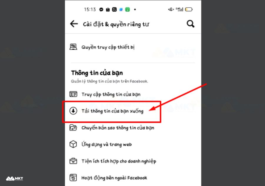 Tìm chọn mục TẢI THÔNG TIN CỦA BẠN XUỐNG