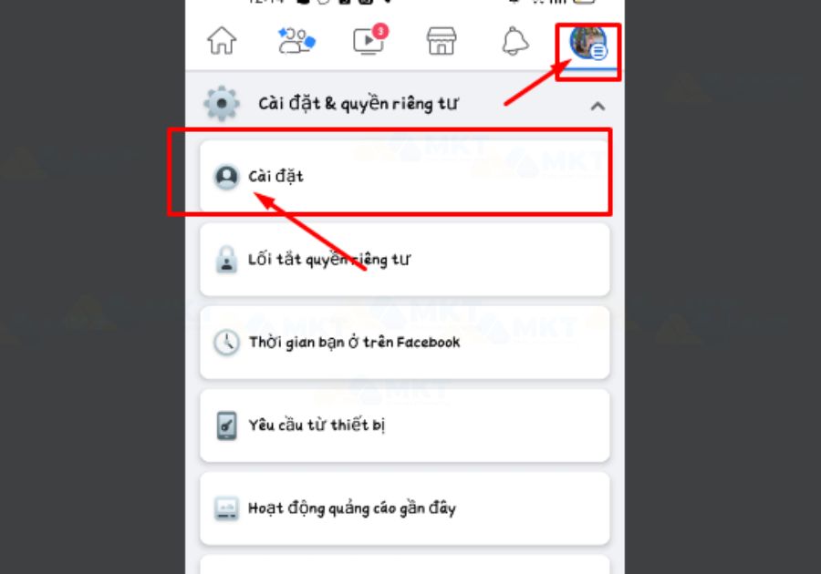 Chọn CÀI ĐẶT & QUYỀN RIÊNG TƯ => Nhấn chọn CÀI ĐẶT