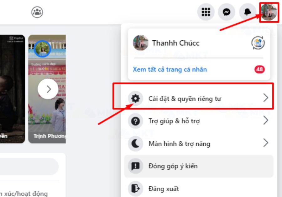 Chọn ẢNH ĐẠI DIỆN => sau đó chọn CÀI ĐẶT & QUYỀN RIÊNG TƯ.