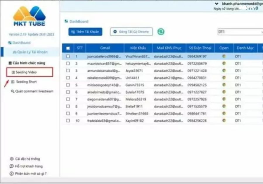 Tại mục seeding video => Chọn tài khoản dùng để tăng sub