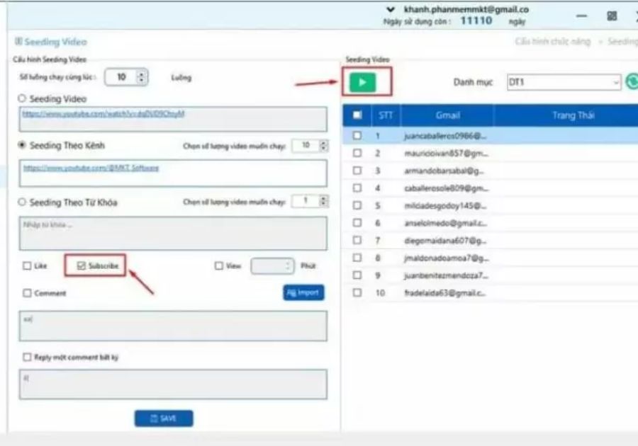 Tích vào Subscribe => Start