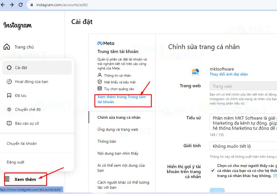 Chọn xem thêm => Chọn Xem thêm trong trung tâm tài khoản 