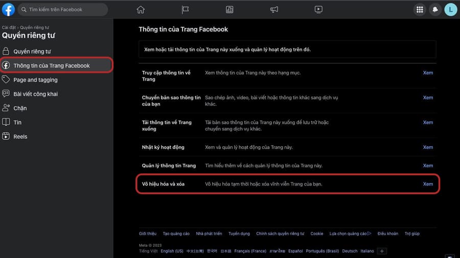 Cách xoá trang trên Facebook trên máy tính