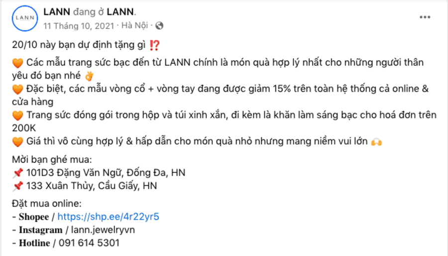 Content bán hàng 20/10 - bán trang sức