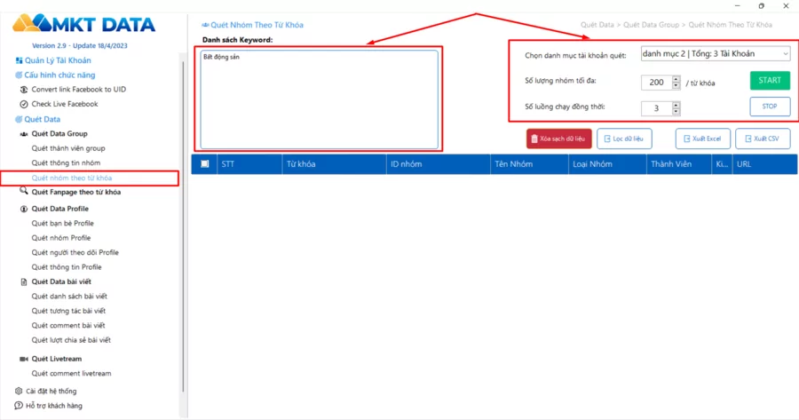 Cách sử dụng tool quét nhóm Facebook MKT Data