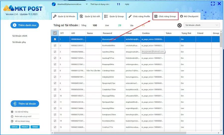 Chọn vào Chức năng group