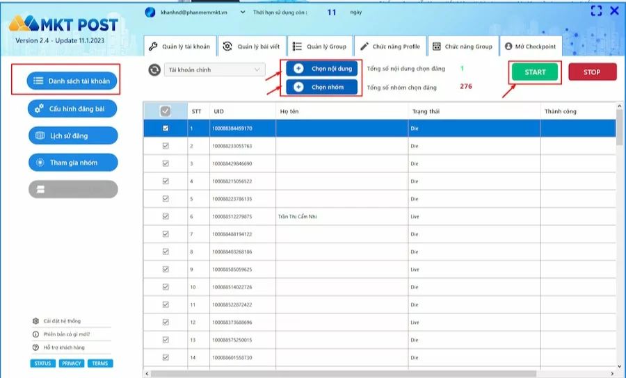 Chọn Nội dung bài đăng, Chọn nhóm muốn đăng bài