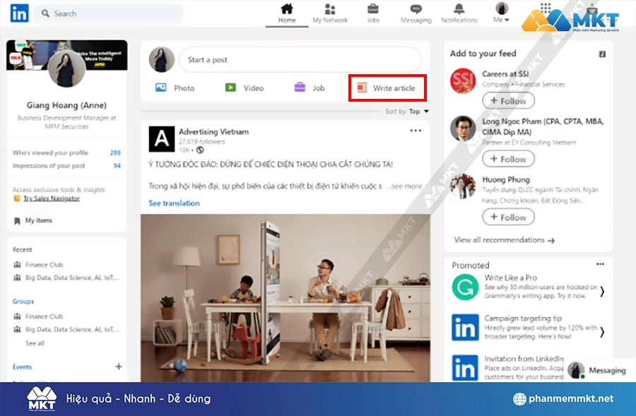Chọn mục Write article để viết bài