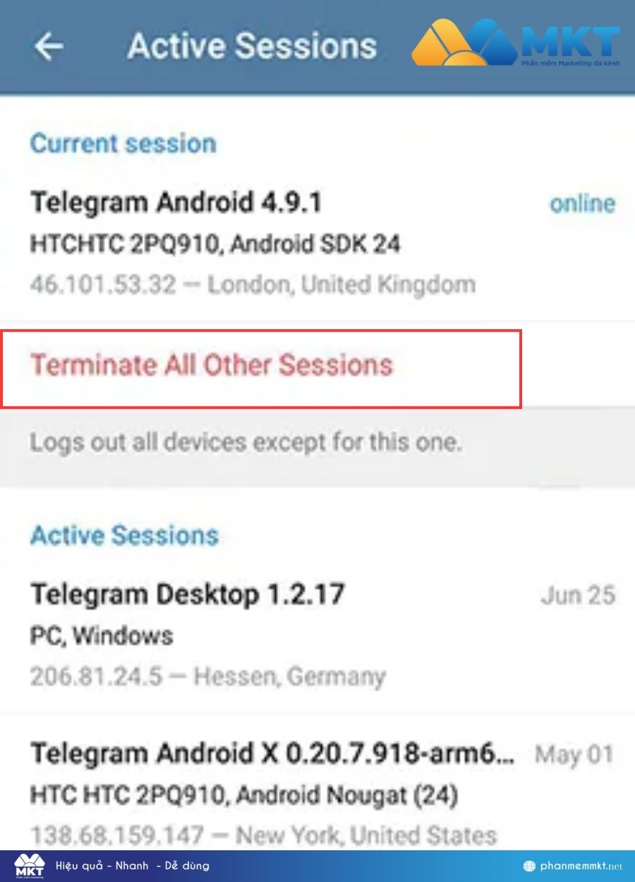 Cách lấy lại Telegram bị hack - Đăng xuất khỏi các thiết bị khác