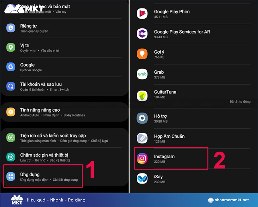 Tìm ứng dụng Instagram trong Cài đặt điện thoại