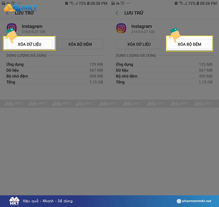 Xóa dữ liệu và bộ nhớ cache ứng dụng Instagram