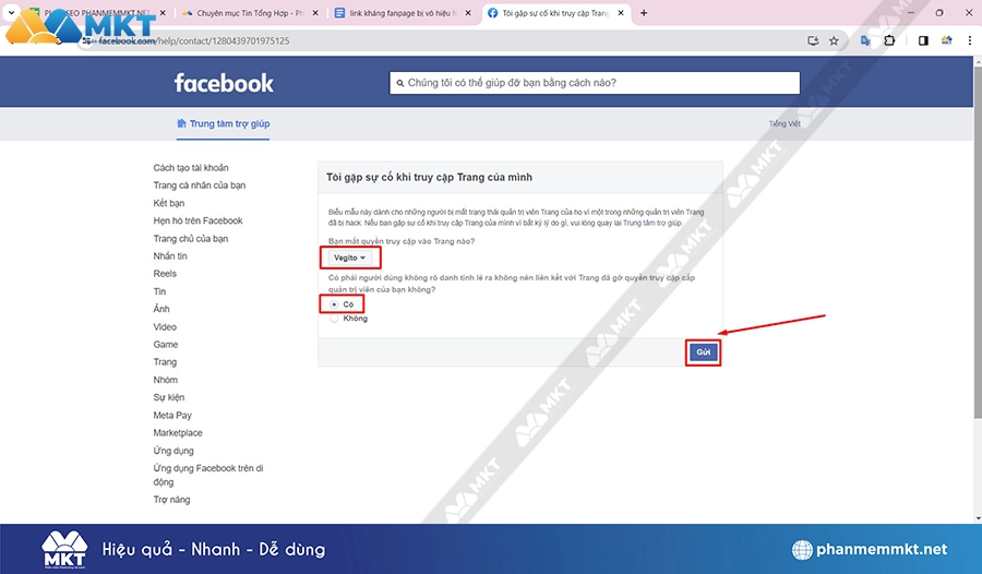 Yêu cầu lấy lại quyền truy cập fanpage bị hack