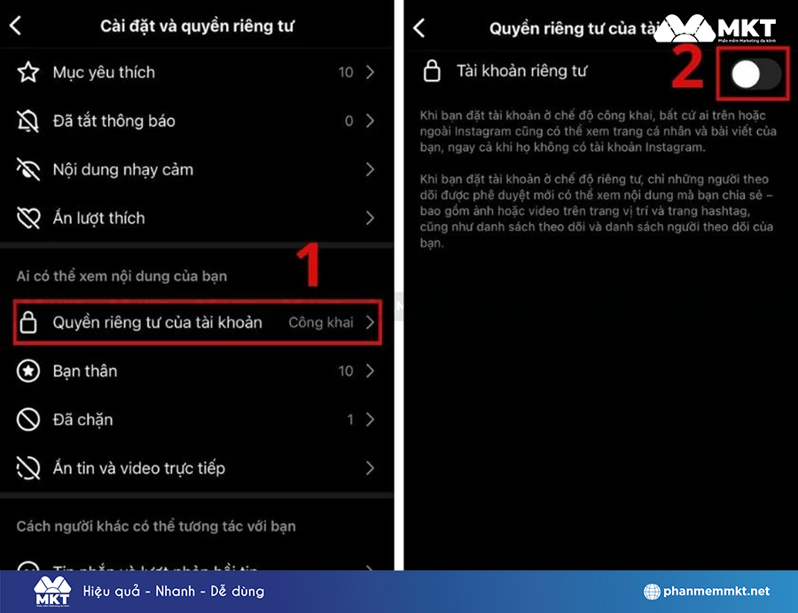 Tắt chế độ Tài khoản riêng tư