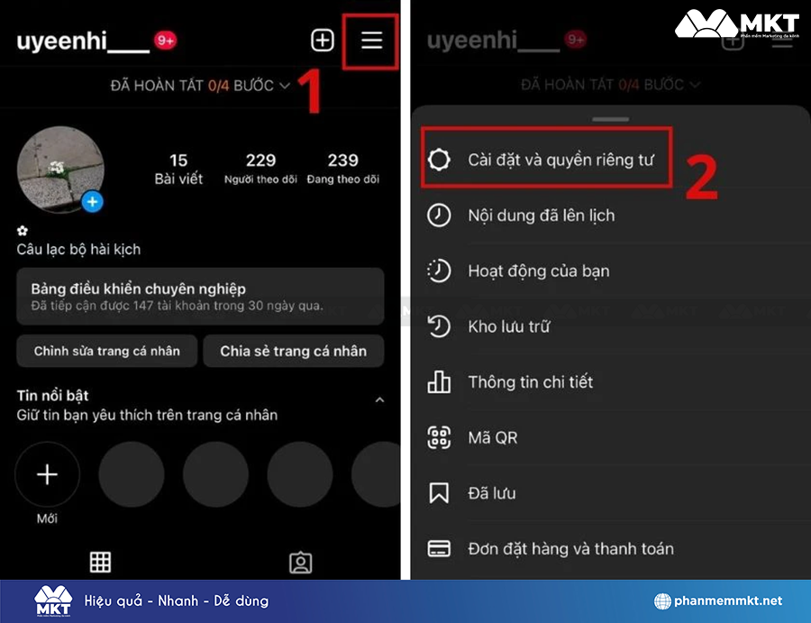 Chọn vào Cài đặt và quyền riêng tư
