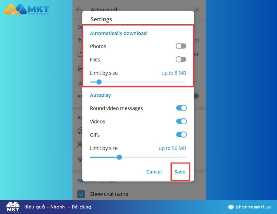 Cách tắt tự tải video trên Telegram về máy tính
