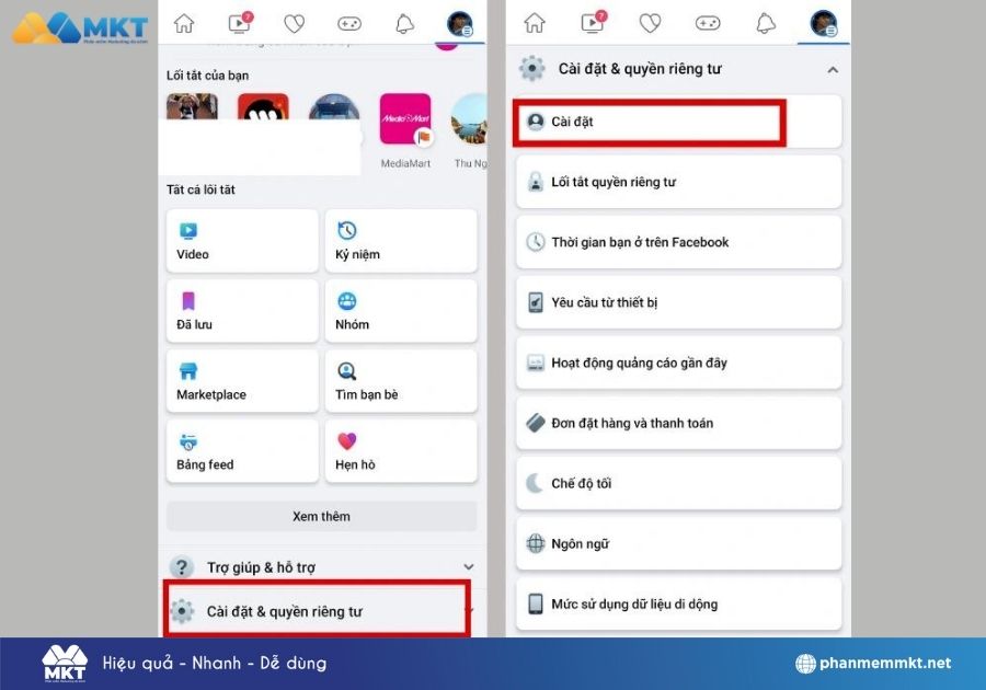 Cài đặt & quyền riêng tư => Chọn tiếp Cài đặt.