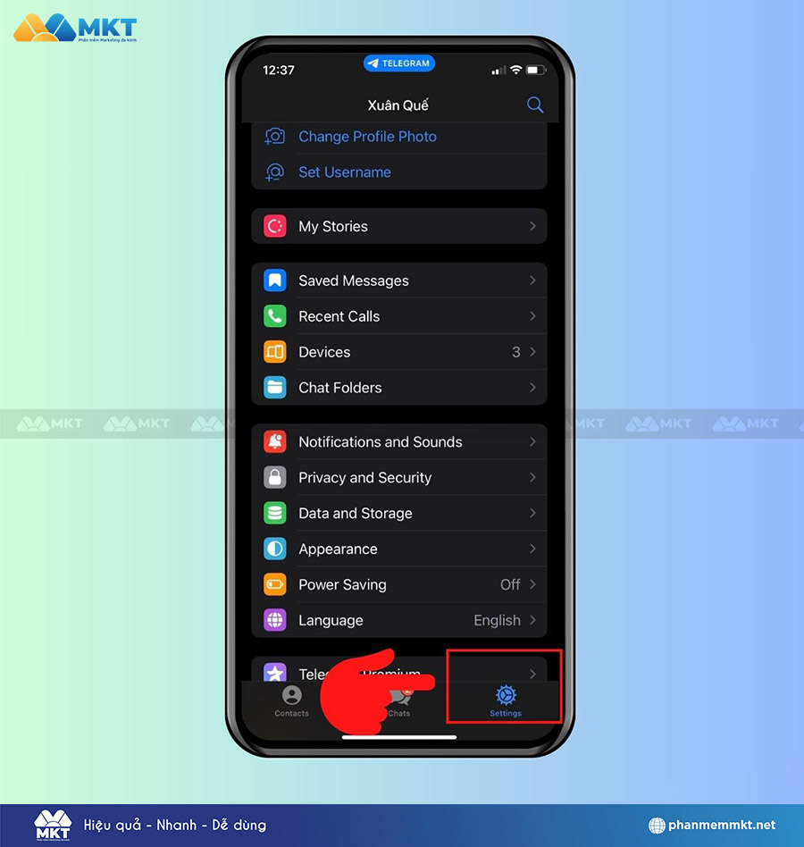 Chọn mục Settings