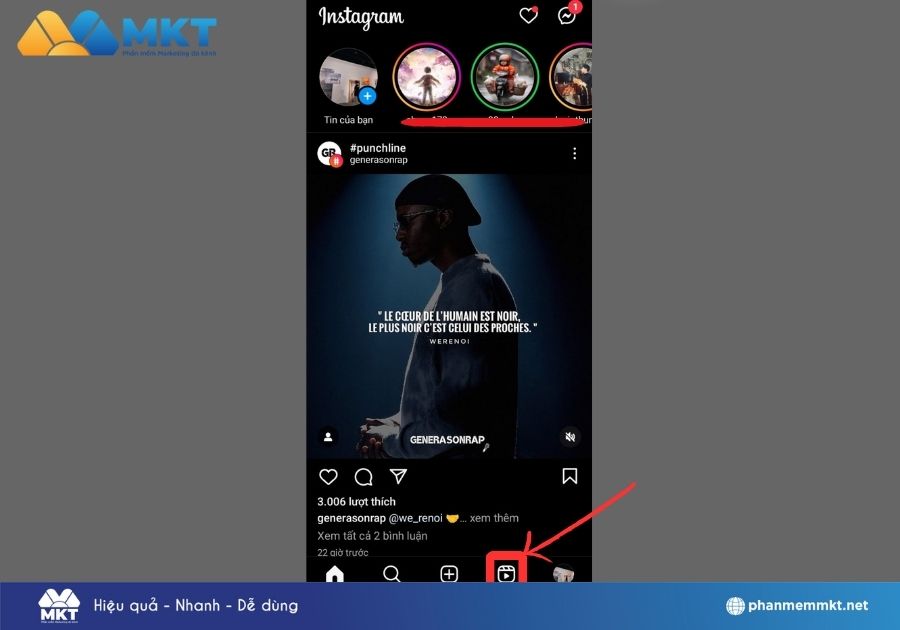 Truy cập vào ứng dụng Instagram > Chọn vào phần Reels 