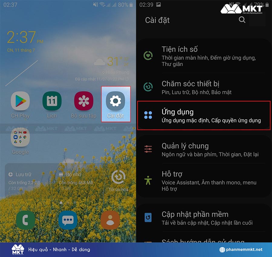 Nhấn vào Cài đặt => chọn Ứng dụng