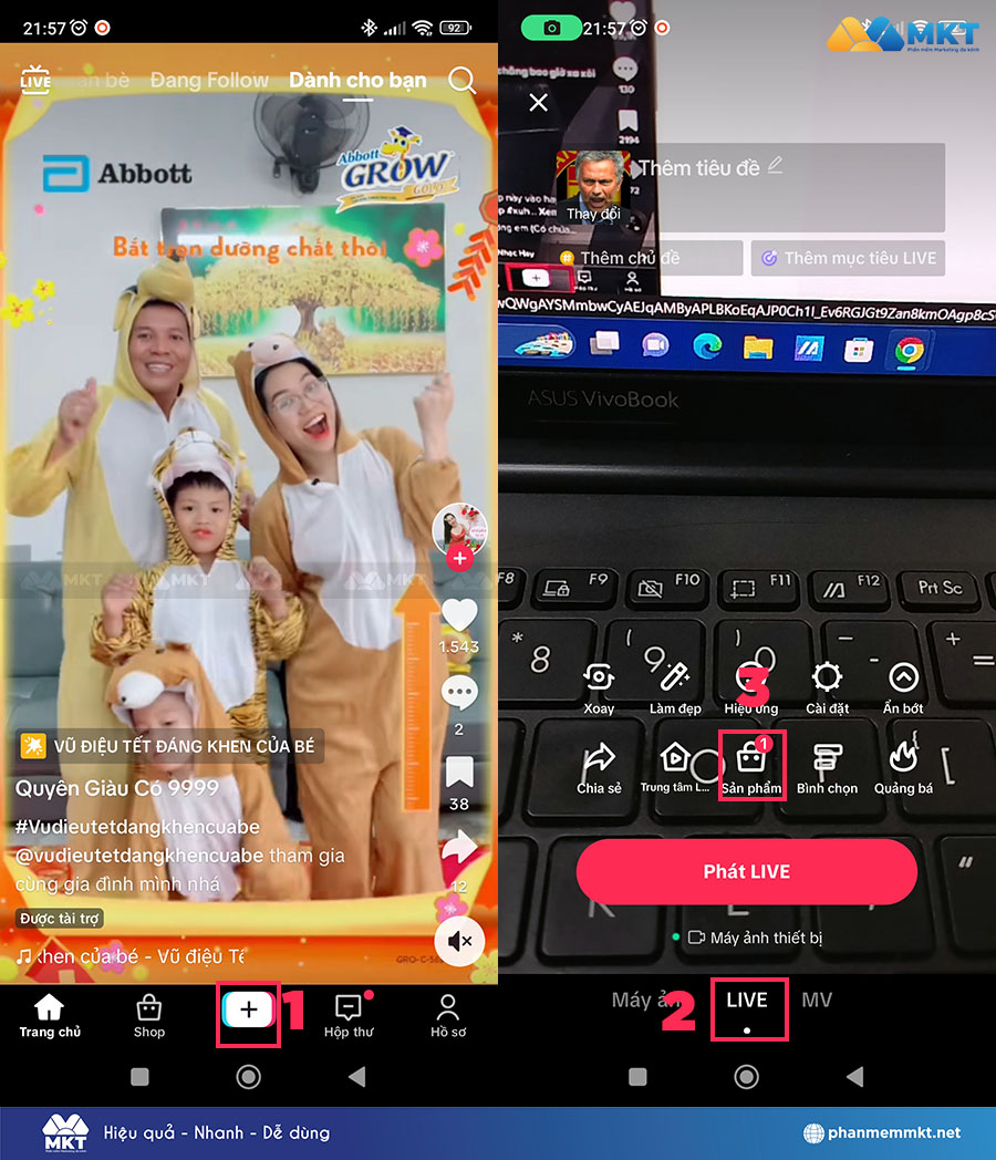 Nhấn vào nút "+" => chọn LIVE