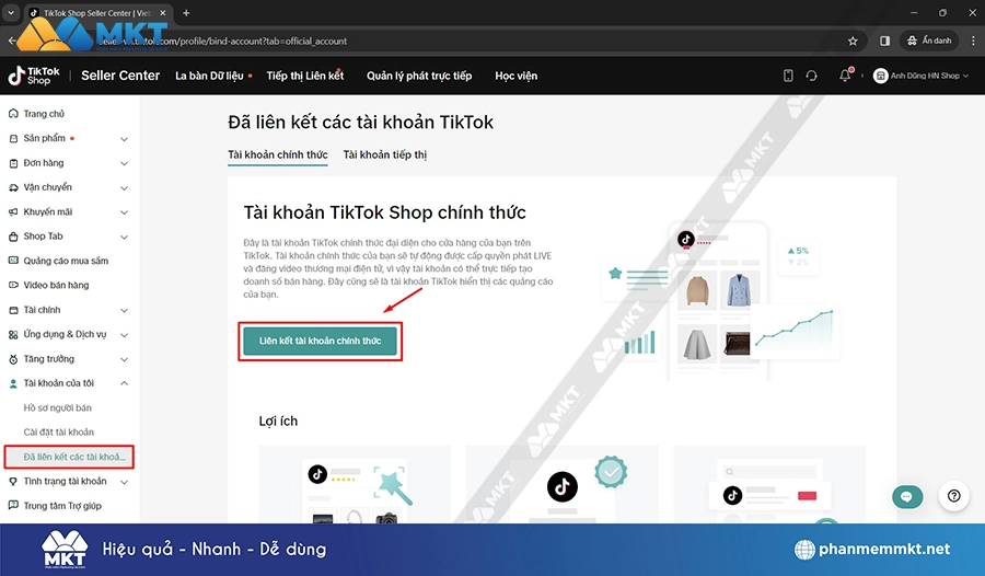 Chọn Liên kết với tài khoản chính thức