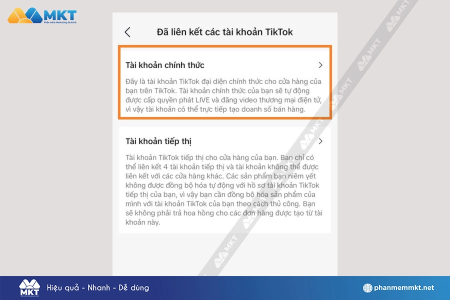 Chọn mục Tài khoản chính thức