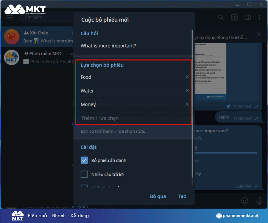 Thêm các lựa chọn trả lời mà bạn mong muốn cho cuộc khảo sát