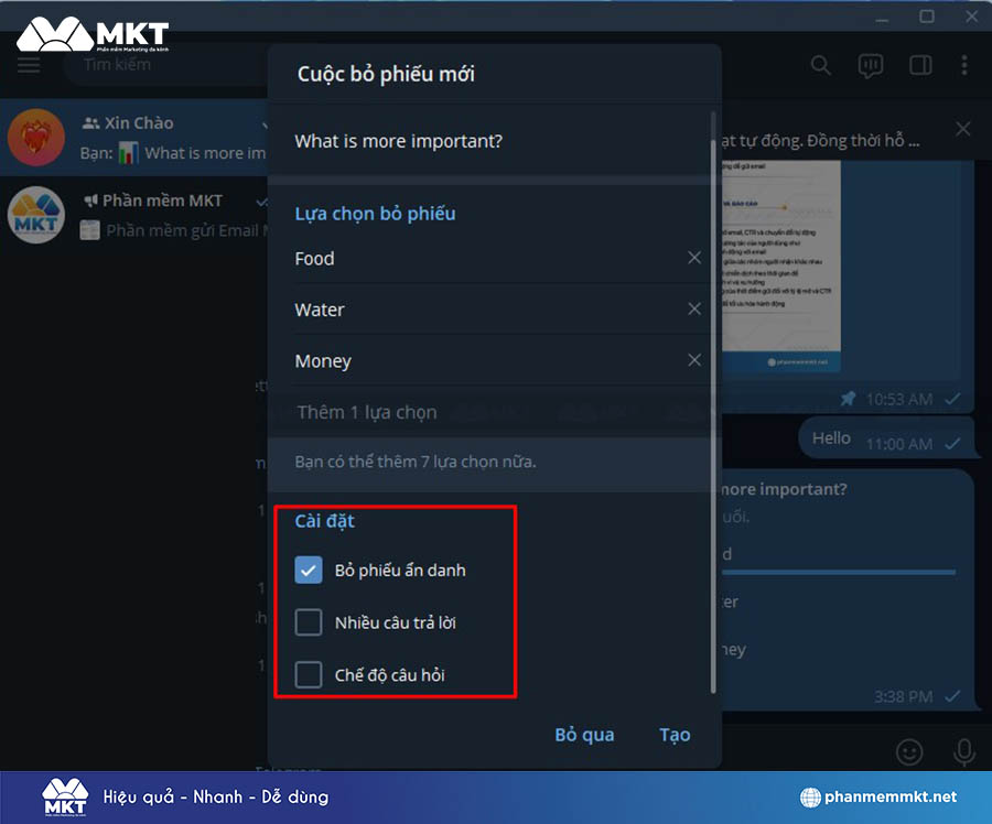 Kích hoạt chế độ cài đặt cho cuộc khảo sát