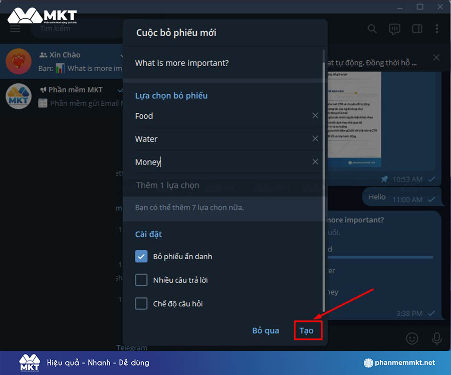 Tạo Cuộc khảo sát mới trên Telegram