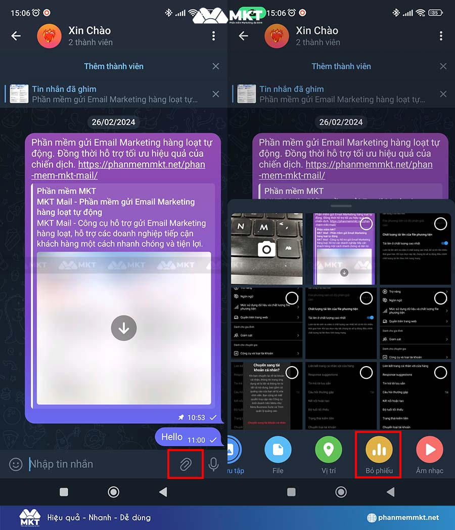Nhấn vào biểu tượng kẹp giấy => chọn Bỏ phiếu