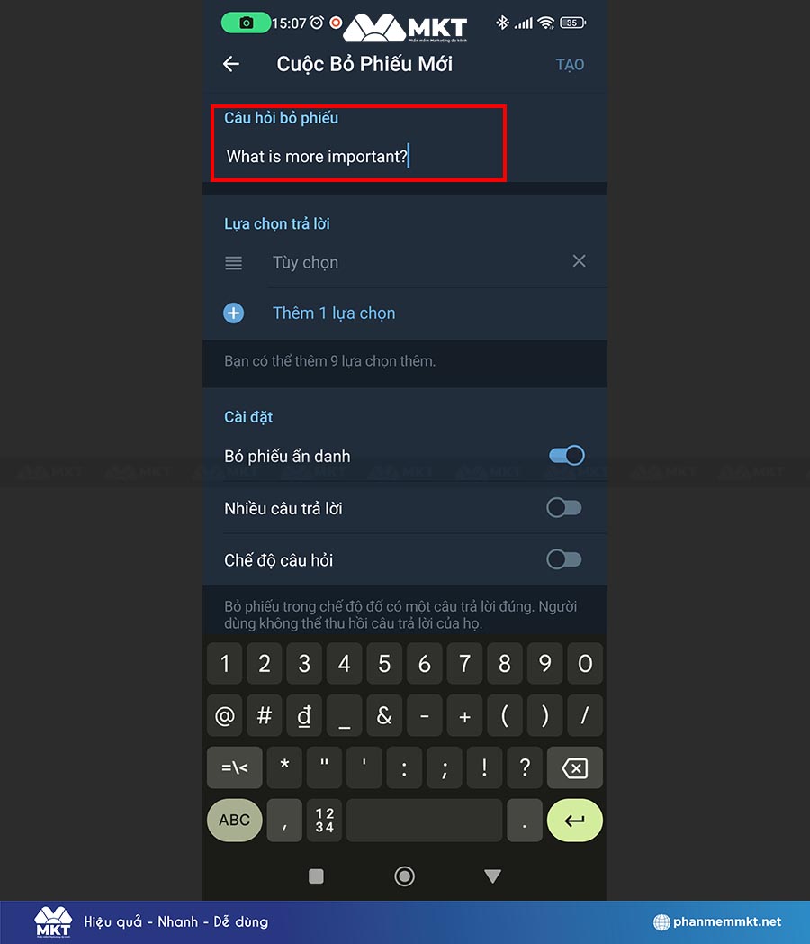 Nhập Câu hỏi khảo sát mà bạn muốn hỏi